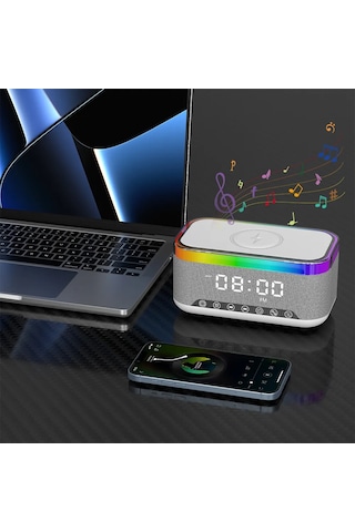 Rgb 13 Mod Led Işıklı Masa Üstü Bluetooth Speaker Masa Saati Alarmlı 15w Kablosuz Şarj Standlı