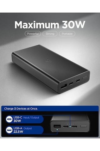 Spigen 20000 Mah Alüminyum Kasa 30w Usb-c + Usb-a Giriş / Çıkış Hızlı Şarj 3 Portlu Powerbank / 1 Metre Type-c Harici Kablolu Taşınabilir Şarj Cihazı + Taşıma Çantası Ea3020 Black Siyah