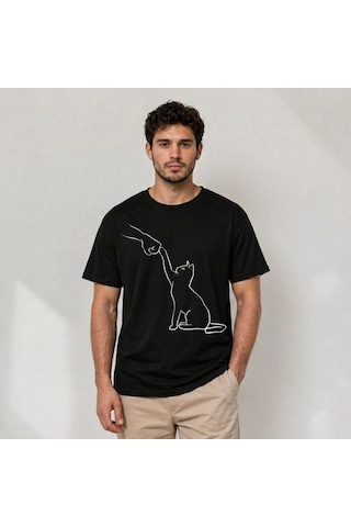 Novalisse Erkek Minimal Kedi Çizim Baskılı Tişört Kısa Kol Yazlık T-shirt - Siyah Çoklu Renk