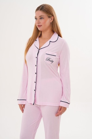 Mecit Pijama Mecit 6307 Pembe Boydan Düğmeli Kadın Pijama Takımı Pembe