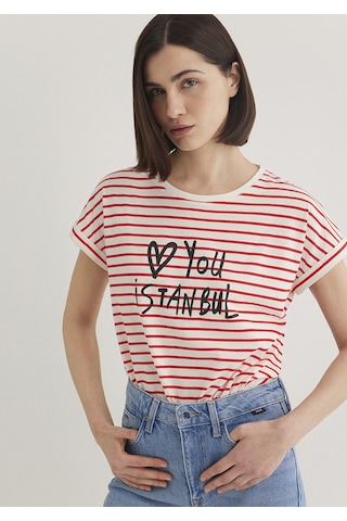 Mavi - Love You Baskılı Çizgili Istanbul Tişört 167986-26829 Beyaz