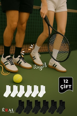 Kral Socks Unisex Siyah-beyaz 12 Çift Pamuklu Tenis Spor Uzun Soket Boy Çorap Siyah - Beyaz