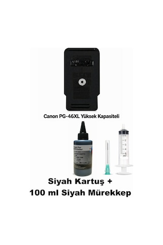 Canon Pixma E484 / Pg-46xl Siyah Yüksek Kapasite Tıpalı İthal Uyumlu Dolabilen Kartuş+mürekkep+şırınga