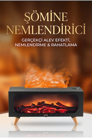 Alev Efektli Şömine Aromaterapi Difüzörü Hava Nemlendirici 150 Ml Serin Buhar 7 Led Işık