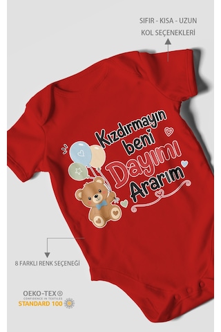 Morivokids Kızdırmayın Beni Dayımı Ararım Kısa Kollu Bebek Body %100 Pamuk Kırmızı