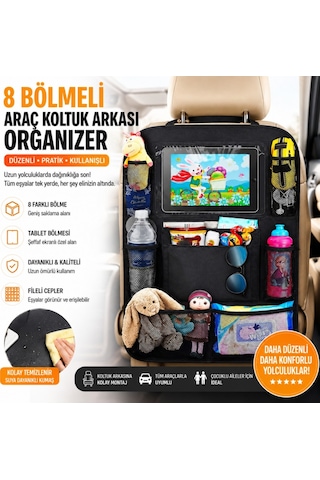 Polham 8 Bölmeli Araç Koltuk Arkası Organizer Tablet Bölmeli Fileli Oto Koltuk Arkası Eşya Düzenleyici