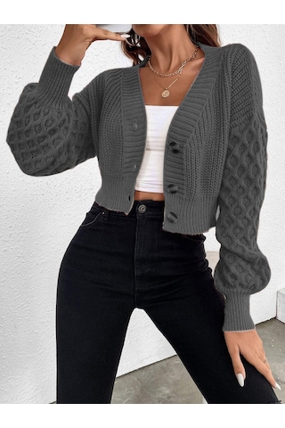 Aqe Fashion V Yaka Örgü Desenli Triko Crop Antrasit Hırka Antrasit
