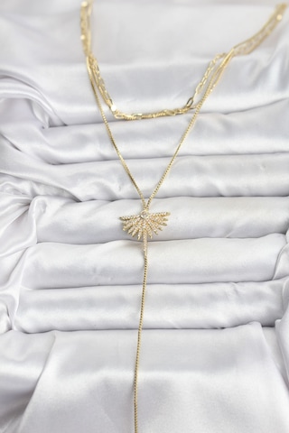 Zarif Boyunlar İçin Golden Pirinç Zirkonlu Yelpaze Üçlü Kombin Y Kadın Kolye Standart