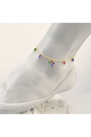 İndigo Takı Renkli Taş Çiçek Altın Kaplama Gümüş Halhal Çok Renkli