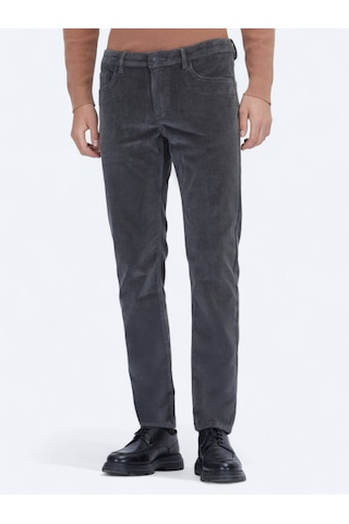 Kip Gri Fitilli Dokuma Slim Fit Kadife Casual Pamuk Karışımlı Pantolon Gri
