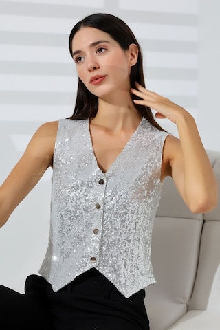 Mois Atelier Beyaz Pul Payetli Çıt Çıt Kapama V Yaka Yelek Tasarım Hediye Büyük Beden Beyaz
