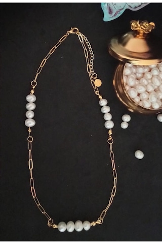 24k Altın Kaplama Gerçek İnci Kare Zincir Detaylı Kolye Sevgili A Çok Renkli