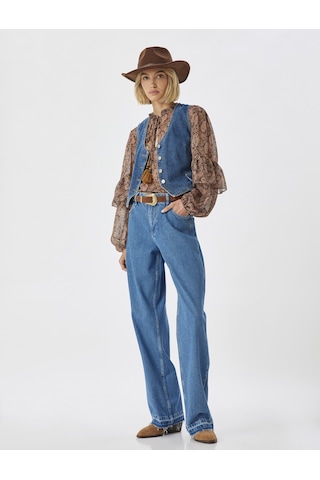 Koton Düz Uzun Paça Kot Pantolon Çift Bel Detaylı Normal Bel - Straight Jean Orta İndigo 5wal40109md İndigo