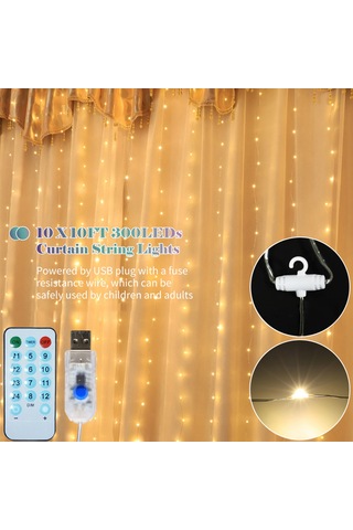 Geeksen 10x3m 300 Led Perde Işık Perdesi, 4 Müzik & 8 Aydınlatma Modu Uzaktan Kumandalı Düğün Parti Ev Noel Dekorasyon Sıcak Beyaz