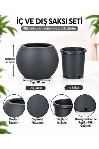 Antrasit Yuvarlak Dekoratif Saksı 20x20 Cm İç Saksılı Modern Salon Ve Balkon Saksısı 9 Litre -