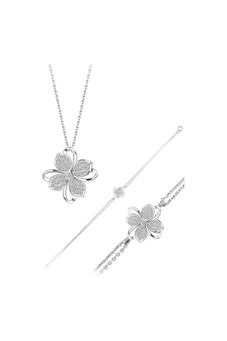 Brezza Lusso Jewelry Gümüş Zirkon Taşlı Dört Yapraklı Yonca Kadın Kolye Bileklik Set