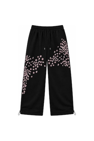 Zaee Sakura Nakışlı Baggy Ayarlanabilir Paça Eşofman Altı Siyah