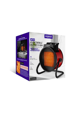 Auhma At1h Elektrikli Isıtıcı Fan Kırmızı 3000w Hızlı Isınma, 3 Kademeli Ayar, Sessiz Ptc Isıtma T