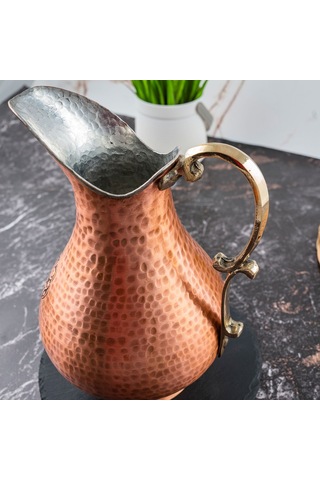 Gaziantep El Yapımı Bakır Sürahi 1800 Ml Osmanlı Motifli, Pirinç Kulplu, El Dövmesi Bakır Su Sürahisi