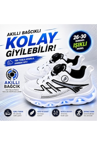 Promax Akıllı Bağcıklı Işıklı Çocuk Spor Ayakkabı Beyaz 26-30 Kolay Giyilebilir