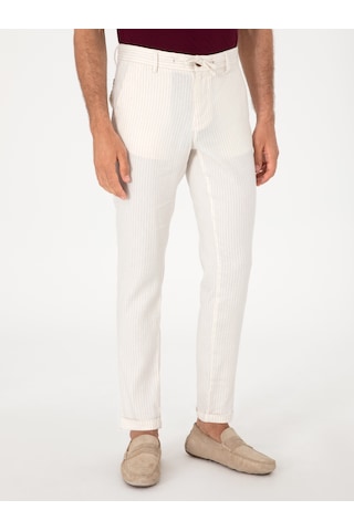 Cacharel Ekru Slim Fit Çizgili Keten Karışımlı Spor Pantolon Bej
