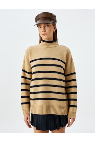 Koton Uzun Kollu Dik Yaka Oversize Kazak Lacivert Çizgili 5wak90575ht Lacivert Çizgili