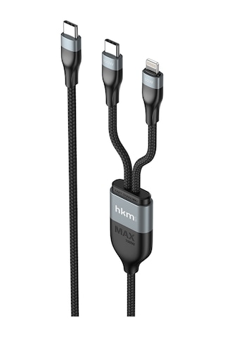 Duo Power 100W Çift Uçlu Type-C To Lightning + Type-C Şarj Kablosu Örgü Tasarım 1.2 Metre Siyah