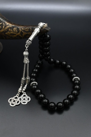 Doğal Oniks Taşlı 33'lük Tesbih Metal Püsküllü 10mm Küre Kesim 902259