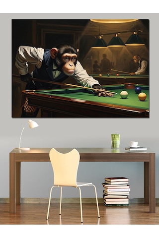 Ahşap Tablo Bilardo Oynayan Takım Elbiseli Maymun İnsan Figürlü Tablolar