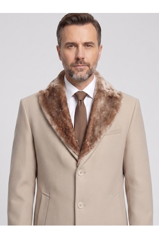 Plus Scorpion Erkek Uzun Kaşe Kaban Çıkartılabilir Kürk Yaka, Astarlı Ve Cepli Slim Fit Mont Bej