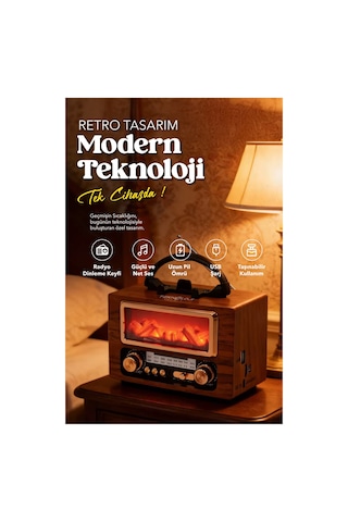 Nostaljik Radyo Şömine Görünümlü Müzik Kutusu Retro Ahşap -bluetooth Hoparlör Speaker & Usb Destekli Ns-901bt