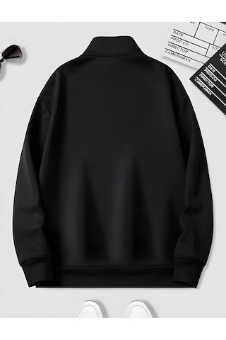 Harmandar Siyah Erkek Brooklyn Baskılı Dik Yaka Yarım Fermuarlı Düz Kazak Sweatshirt Siyahbrooklyndikyaka