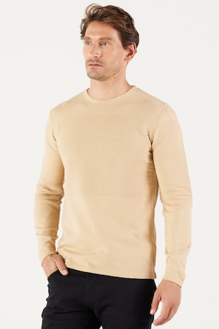 AC&Co / Altınyıldız Classics Erkek Bej Anti-Pilling Özellikli Tüylenme Yapmayan Standart Fit Bisiklet Yaka Çizgi Dokulu Triko 4A4921100065KBJ3XL Bej