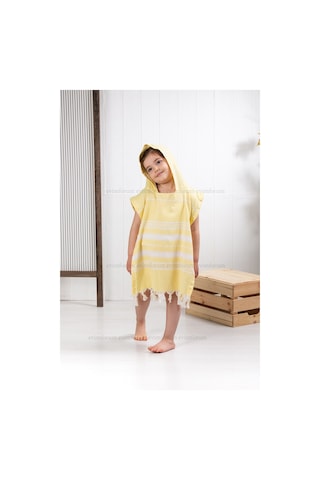 Çocuk 3-4 Yaş Bornoz Panço %100 Pamuk Plaj Havlusu Peştemal Sarı