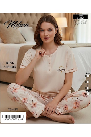 Mihra Kadın Ring Viskon Düğmeli Yaka Kısa Kol Likralı Pijama Takımı 40112b - 1 Adet Bej