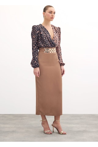 Sateen Gold Aksesuarlı Uzun Etek - Vizon-135889 Vizon
