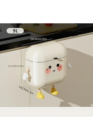 Honeybeeshop Sevimli Çizgi Film Tasarımlı 9l Asma Mutfak Çöp Kutusu Duvar Montaj Büyük Kapasiteli Koku Saklayan Su Geçirmez Plastik 10l Siyah