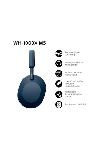 Sony Wh-1000xm5 Kablosuz Kulak Üstü Kulaklık, Uzaysal 3d Ses İle Birinci Sınıf Düzeyde Aktif Gürültü Engelleme, Şeffaflık Modu, 30 Saate Kadar Pil Ömrü, Bluetooth, Gece Mavisi