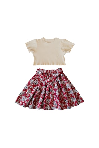 Etekli Crop Takım, Çiçekli Koyu Kırmızı Etek - Pamuklu Fitilli Crop Skahve-kkırmızı Çok Renkli
