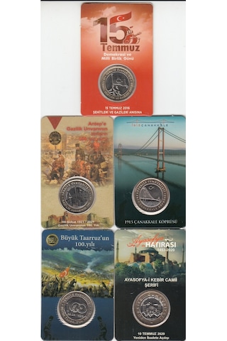 5''li Hatıra 1 Lira Para Kiti Seti, Ayasofya, Antep, Çanakkale, 15 Temmuz, Büyük Taaruz "çil"