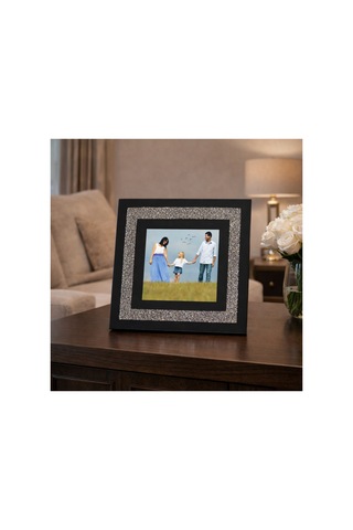 Kişiye Özel Fotoğraflı Kare Çerçeve 20x20 Cm Siyah Kumaş & Taşlı Tasarım