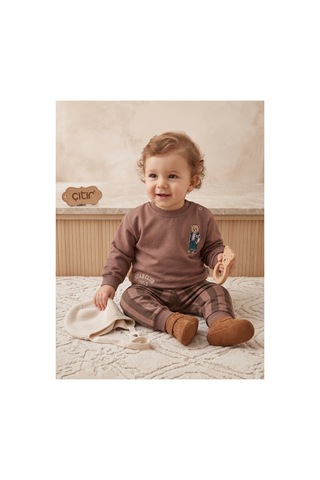 Çıtırkids Erkek Bebek Ayıcık Nakışlı Çizgili İki İplik Pamuklu Sweatshirt Alt Üst Takım Kahverengi