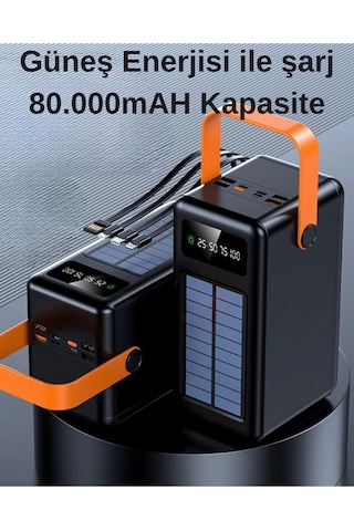 80.000 Mah Solar Powerbank Güneş Enerjili Taşınabilir Şarj Cihazı Hızlı Şarj & Çoklu Çıkış Siyah