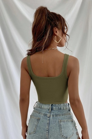 Moda Dua Kadın Haki Yeşili Kalın Askılı Crop Top Büstiyer