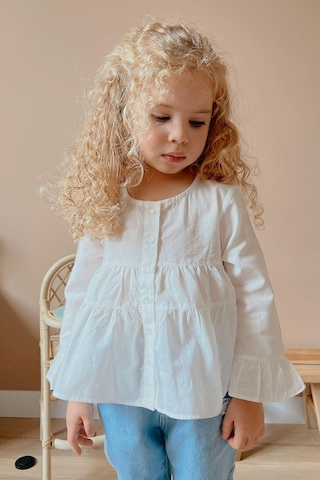 Oliventhekid Beyaz Vual Önden Düğmeli Robadan Büzgülü Kol Ucu Fırfırlı Kız Çocuk Gömlek Beyaz Beyaz