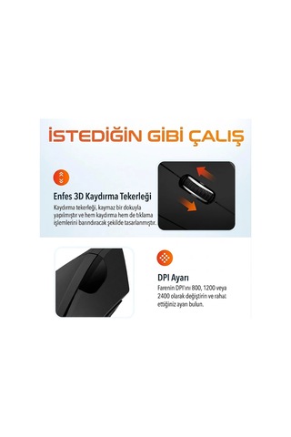 2.4g Dikey Ergonomik Kablosuz Optik Mouse - 800/1200/1600 Dpı - Siyah