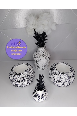 Siyah Beyaz Dekoratif Biblo Mumluk Vazo Takımı Çiçekler Dahildir Siyah Beyaz