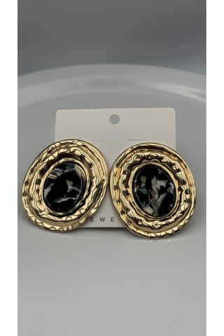 Gold Plaka Oval Taşlı Küpe Altın