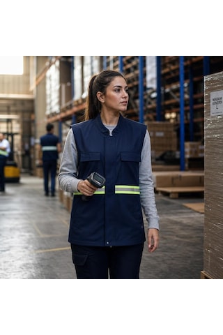 Çok Cepli Reflektörlü İş Yeleği Lacivert Gabardin Kumaşı İle Şantiye Ve Lojistik Operasyonlarında Gece Görün Çok Renkli