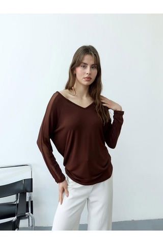 Mirve Butik Kolları Tül, Sırtı Parlak Taşlı Bluz Kahverengi